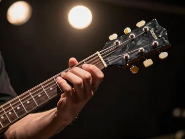 Close-up of a guitar neck and hands during a live performance, warm stage spotlights from above, motion blur on strumming hand suggesting energy, dark background, gold tones on strings