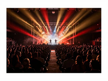 Panoramic concert venue interior, packed crowd lit by beams of red and gold stage light, two performers silhouetted at center stage, dramatic smoke effect, shot from back of the house looking toward the stage