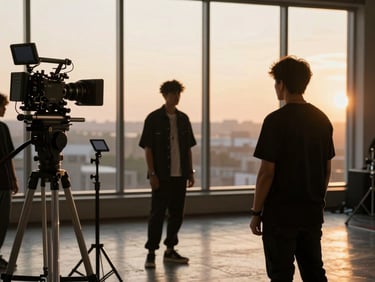 Wide shot of a professional music video set, two musicians in sharp clothing under key lighting, camera rigs visible in the background, golden hour tones bleeding through a large window, cinematic depth of field