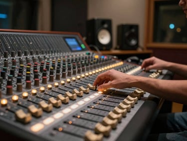 Interior of a professional recording studio, close view of a mixing board with faders lit in amber glow, hands adjusting levels, dark room with soft monitor lighting, cables and microphone stands in soft focus background