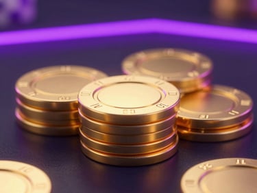 Close-up macro shot of premium metallic gold casino tokens stacked neatly on a dark reflective surface, electric purple neon glow in the background, sleek 3D render style