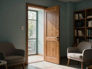 Wide environmental shot of a quiet therapy office interior — a wooden door left slightly ajar, soft natural daylight falling through a large window onto a neutral-toned chair, no people present, bookshelves visible along one wall, muted teal and warm gray tones