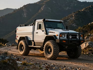 Heavy-duty 4x4 production vehicle parked on a rugged mountain trail, dramatic golden hour side lighting, 35mm lens