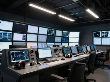 Interior of a mobile broadcast control room, glowing monitors, technical gear, high-contrast directional lighting, crisp industrial details