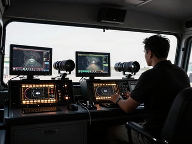 High-contrast shot inside a mobile production vehicle, glowing monitors, technical operator in silhouette, warm console lights, crisp 35mm lens
