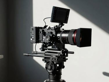 High-end cinema camera rig mounted on a heavy-duty stabilizer on-location, dramatic natural light, high-contrast directional sun, 35mm lens