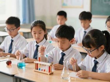 Medium shot of school children in neat uniforms actively engaged in a science experiment inside a well-lit classroom, natural daylight, focus on student