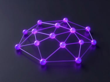 Sleek abstract 3D render of interconnected glowing violet nodes mapping a secure neural network, dark matte background