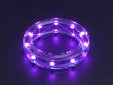 Isometric view of a glowing network ring with multiple secure connections casting soft purple light on dark obsidian