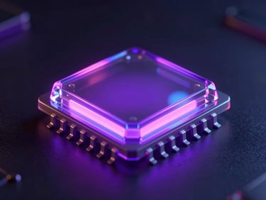 Close-up of a translucent glassmorphic microchip glowing with deep violet and pink light, dark obsidian background, futuristic 3d render, cinematic lighting