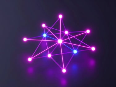 Isometric view of interconnected digital network nodes pulsing with neon magenta light, dark matte background, futuristic 3d render, octane render