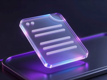 Close-up of a translucent glassmorphic document interface floating over a dark metallic surface with violet edge glows
