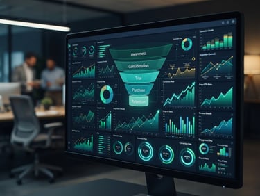 Close-up of a high-performance marketing dashboard showing clean funnel metrics and conversion rates, dark mode corporate aesthetic, sharp focus.
