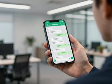 Hands holding a smartphone displaying a WhatsApp conversation with structured qualification questions, clean office environment