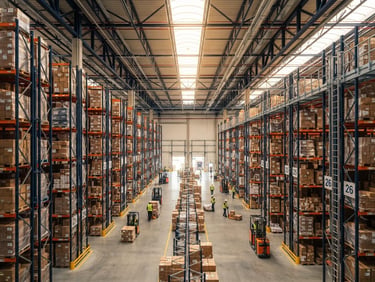 Wide-angle architectural photograph of a modern high-bay logistics warehouse, bright daylight streaming through skylights with warm gold highlights on organized metal shelving, deep navy steel frames, sharp focus, 35mm.