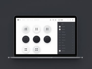 High-fidelity device mockup of a design system UI kit in Figma, showing nested button components, variant properties panel, clean digital studio lighting, subtle drop shadows, dark slate background.