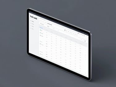 Isometric view of a desktop browser mockup showcasing a SaaS analytics dashboard with structured data tables, crisp typography, and subtle system borders.