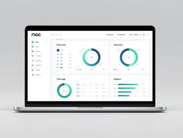 Straight-on high-fidelity mockup of a web dashboard on a modern studio background with soft diffused lighting, displaying complex data visualizations and clean slate-colored UI components.