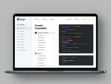 Clean digital interface of a design system documentation website, showing code snippets, accessibility guidelines checklist, soft studio lighting, subtle drop shadows.