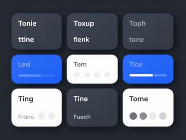 A neat grid of UI components, buttons, and input fields showing design system tokens and spacing guides in a high-contrast slate and blue color scheme.