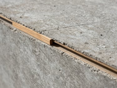 Close detalhado de transição de materiais, concreto aparente ripado encontrando painel de madeira freijó com junta de dilatação precisa de dez milímetros, iluminação natural rasante.