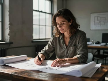 A medium environmental portrait of a focused Gen X woman in her early 50s working at a dark wooden table in a sunlit loft. She is reviewing architectural plans under high-contrast, directional late-afternoon sunlight casting rich shadows. No forced smiles, completely authentic and unposed.