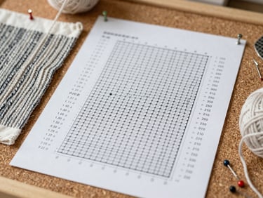 Flat lay of printed knitting pattern sheets and a tension swatch pinned to a corkboard, north-facing daylight, shallow depth of field on the top sheet showing row counts and yarn weights, natural clutter of pins and yarn tails
