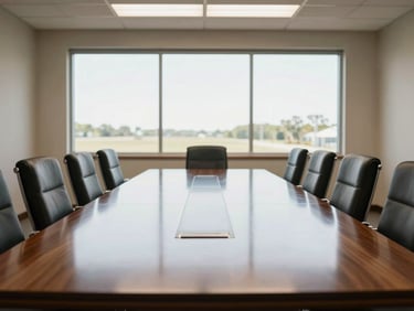 Symmetrical, wide shot of a pristine commercial boardroom on the Mississippi Gulf Coast, bright natural light reflecting off a polished wooden table, organized chairs.