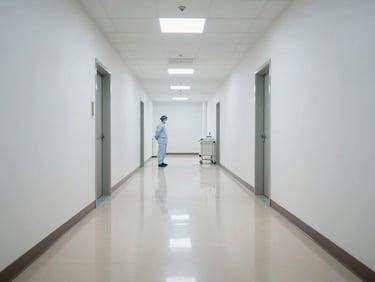 Symmetrical, bright shot of a pristine medical corridor with polished light-reflecting floors, sterile white walls, and a uniformed sanitation technician in the background.