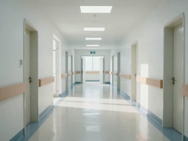 Symmetrical, wide shot of a sterile, polished medical clinic corridor, bright natural light, clean lines, reflecting absolute order and professional sanitation.