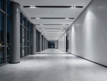 Stark wide shot of a pristine corporate corridor at night under cool artificial lighting, showcasing perfectly clean lines and reflective surfaces.