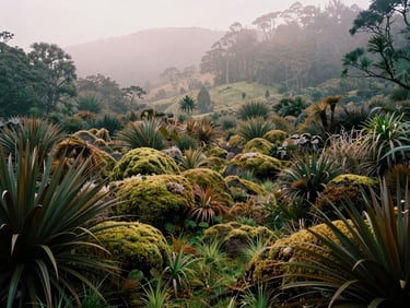 Wide-angle quiet landscape of the Waitākere Ranges, misty morning light, native New Zealand flora, deep moss greens, 35mm, atmospheric editorial photography