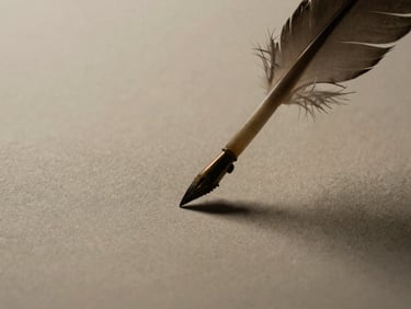 Macro shot of ink on textured paper, a feather quill gently touching the surface, soft diffused light, warm earth tones, 35mm, atmospheric editorial photography
