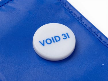 Macro shot of a tamper-evident security seal on a royal blue bag, showing 'VOID' message appearing, bright studio light.