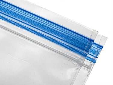 Macro studio photography of high-gauge plastic security bag texture, royal blue seal lines, sharp high-key lighting, clean white background, 50mm lens