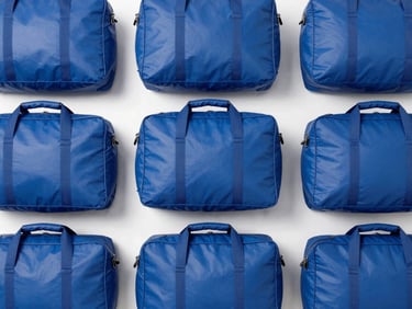 Overhead flat-lay of neatly stacked, empty royal blue security bags of various sizes, clean studio lighting.