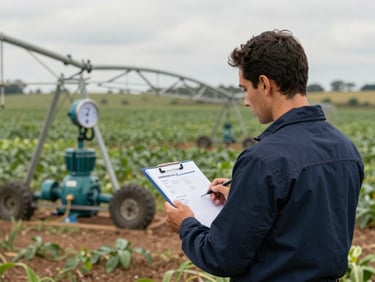 Over-the-shoulder shot of an agronomist holding a clipboard reviewing energy meter readings beside a large irrigation pump station in a Brazilian rural property, natural daylight, green crops visible in background, crisp corporate photography