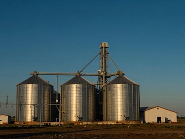 Wide environmental shot of large grain storage silos and a drying facility on a Brazilian farm at dusk, electrical infrastructure visible in foreground, warm golden light on the silos, deep navy sky, crisp corporate photography