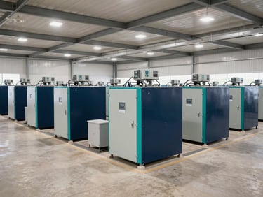 Wide interior shot of a modern Brazilian poultry facility, rows of ventilation equipment and electrical panels visible, clean neutral lighting, no workers, industrial agricultural environment, 35mm corporate photography