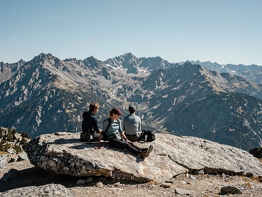 Wide panoramic mountain landscape at high altitude: a group of three hikers resting on a flat boulder at approximately 2,800 m, distant peaks visible behind them, strong midday light casting short shadows, documentary framing with figures off-centre to the right