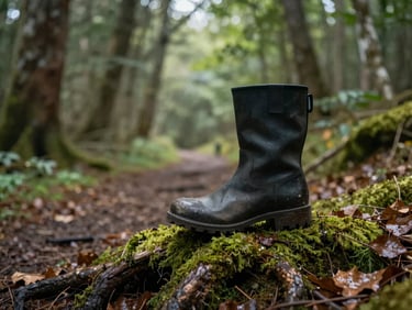 Documentary close-up, boot placed carefully on a mossy forest trail root, soft overcast light filtering through deciduous trees, damp ground and leaf litter, calm and unhurried atmosphere