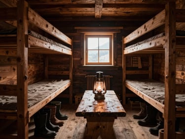 Interior of a Balkan mountain hut, wooden bunks stacked two high, a single gas lamp on a rough-hewn table, overcast light through a small square window, boots lined on the floor, no people visible