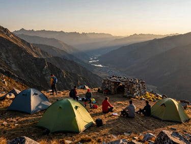Panoramic mountain landscape, group of hikers resting at high altitude camp, tents and stone shelter in middle ground, vast valley below, early morning light, no golden-hour grading