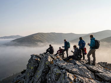Wide environmental frame, a small group of hikers stopped on a rocky ridge in early morning light, one figure seated eating from a tin cup, mist in the valley below, no faces visible, calm overcast sky, Balkan mountain terrain