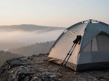 Close view of a bivouac tent pitched on flat rock just below a ridgeline, early morning mist filling the valley below, hiking poles stacked against the outer shell, no faces visible, wide environmental framing