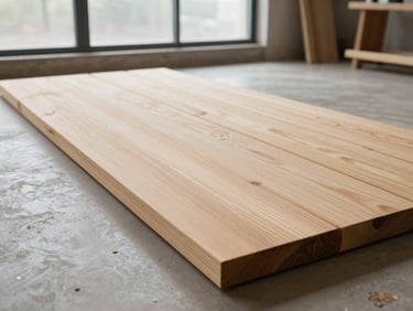 Wide environmental shot of dressed alder timber boards laid flat on a workshop floor, grain surface facing upward, neutral daylight from a large window, clean and unfurnished setting, no people