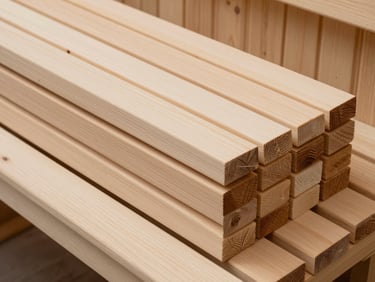 Overhead close-up of kiln-dried aspen boards arranged in a tight stack inside a sauna bench frame, pale wood surface sharp under even daylight, no people