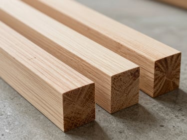 Close-up detail shot of precision-cut alder timber components arranged in a row on a concrete surface, tight grain visible on the cross-section ends, flat even studio light, no people, no machinery