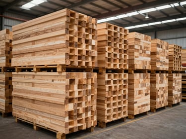 Wide environmental shot of industrial hardwood components — cut timber blocks and pallet boards stacked in uniform columns inside a warehouse under bright overhead fluorescent lighting. Dimensional lumber at working scale, no people, no branding.