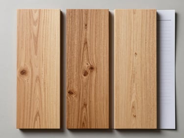 Overhead flat-lay of timber species samples side by side — alder and aspen boards showing contrasting grain and tone, with a plain spec sheet partially visible at the edge, shot under even neutral studio light. No people, no text overlays.